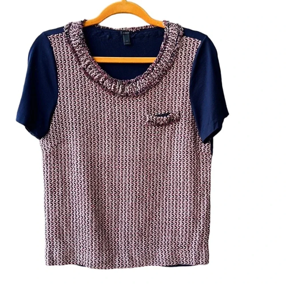 J. Crew Women’s Navy Mixed Media Tweed Short Sleeve Office Top. Sz S